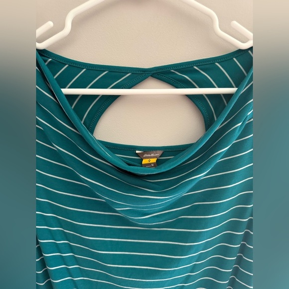Eddie Bauer Womens Turquoise Striped Long Sleeve Shirt SZ MD Cowl Neck Keyhole - Picture 2 of 8